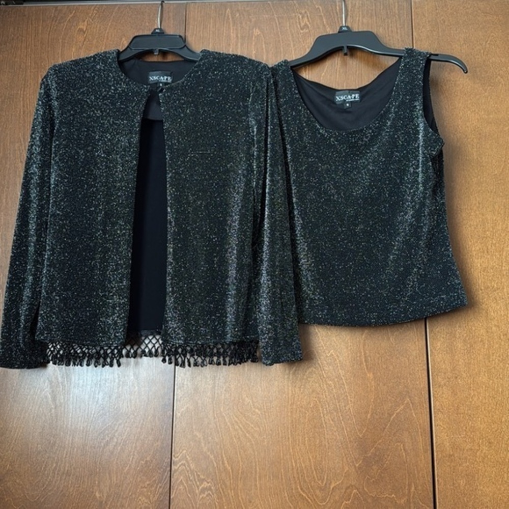 Xscape Women's Black Twin Set Tank Top Jacket Black and Silver EUC Sz Sm